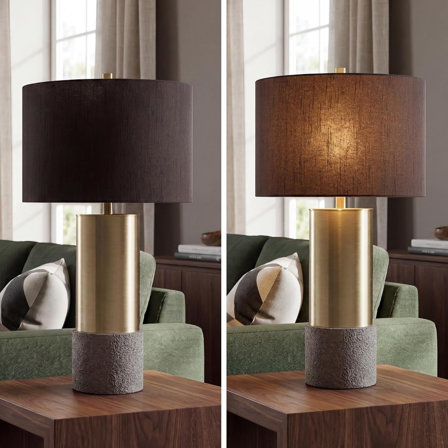 signature-design-by-ashley-jacek-contemporary-table-lamp-set-of-2-textured-faux-concrete-and-brass-finished-metal-black-drum-shade-with-goldtone-foil-interior-living-room-and-bedside-use