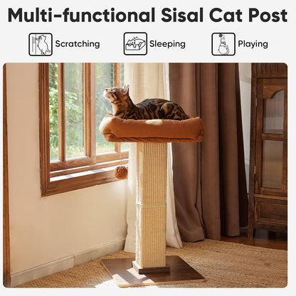 FUKUMARU Retro-Style Cat Scratching Post with Perch for Indoor Adult Cats | 28.7" Elevated Tall Cat Bed, Solid Wood Large Cat Scratcher Tower with Bed, Aesthetic Cat Tree Furniture with Natural Sisal2