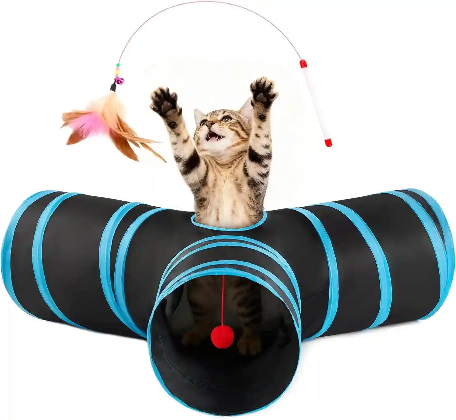 love-s-cabin-cat-tunnel-for-indoor-cats-3-way-collapsible-play-tunnel-with-teaser-wand-peek-holes-toy-ball-small-pet-toy-for-kittens-rabbits-black-blue-small-size