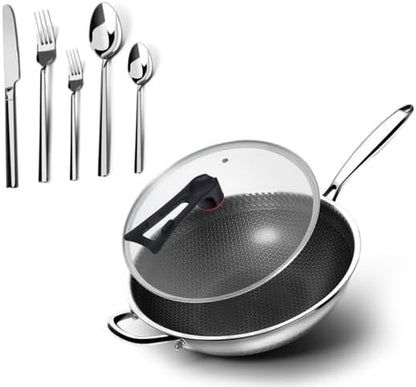 5-Piece Stainless Steel Flatware Set and Coating-Free Hybrid Stainless Steel Wok with Lid, 12.6" Flat-Bottom Stir-Fry Pan1