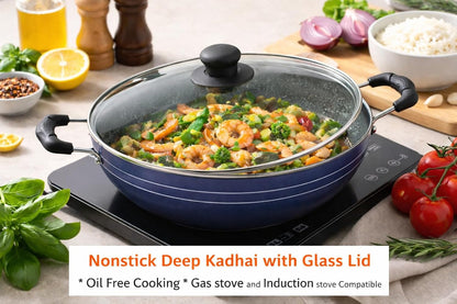 Kadai with Glass Lid All Purpose Pan Nonstick Coating Kadhai Deep Stir Fry for Gas and Induction Cooktop Aluminium Skillet Wok (3Mm) 2.2 Ltr Diameter 9.5 Inch4