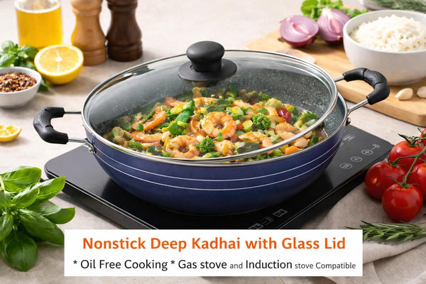 Kadai with Glass Lid All Purpose Pan Nonstick Coating Kadhai Deep Stir Fry for Gas and Induction Cooktop Aluminium Skillet Wok (3Mm) 2.2 Ltr Diameter 9.5 Inch4