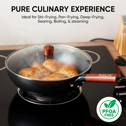12.6 Inch Carbon Steel Wok Pan with Glass Cover, Pre-Seasoned Flat Bottom Wok for Chinese Cooking, Woks & Stir-Fry Pans Cookware, Compatible with Induction, Electric, Gas & Halogen9