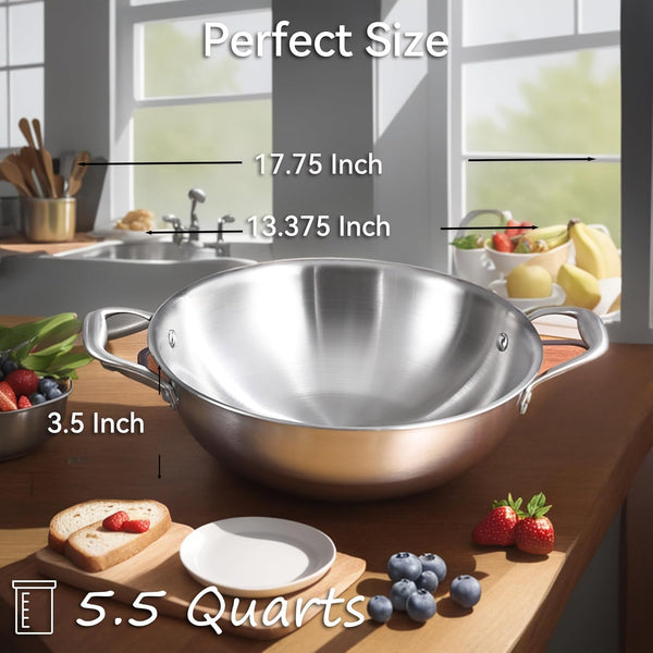 13-Inch Stainless Steel Wok with Lid | 5.5-Quart | Dual Handles | Uncoated Tri-Ply Stir Fry Pan | Everyday Cooking Wok for Induction | Flat Bottom | PFOA-FREE | 4-5 Servings ﻿6