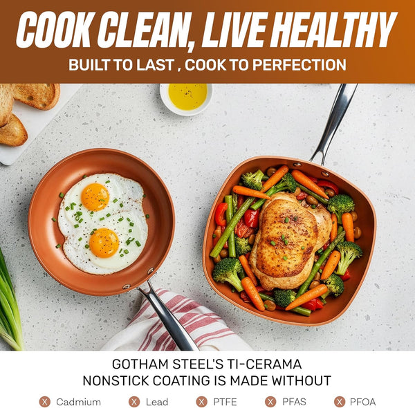 12 Pc Ceramic Cookware Set Nonstick, Ceramic Pots and Pans Set Non Stick with Steamer for Cooking, Non Toxic PFOA PFOS Free, Ergonomic Stay Cool Handles, Oven & Dishwasher Safe, Copper | Non Toxic PFOA/PFOS/PTFE Free Ceramic & Titanium Coating, Stay Cool Stainless Steel Handles, Dishwasher & Oven Safe, Copper5