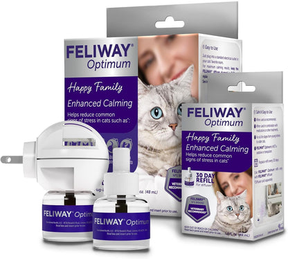 FELIWAY Optimum Cat Calming Diffuser Kit and 1 Pack Refill – Advanced Support to Help Reduce Urine Spraying, Scratching, Fighting and Hiding Due to Stress – All in One Cat Pheromone Plug in Diffuser1