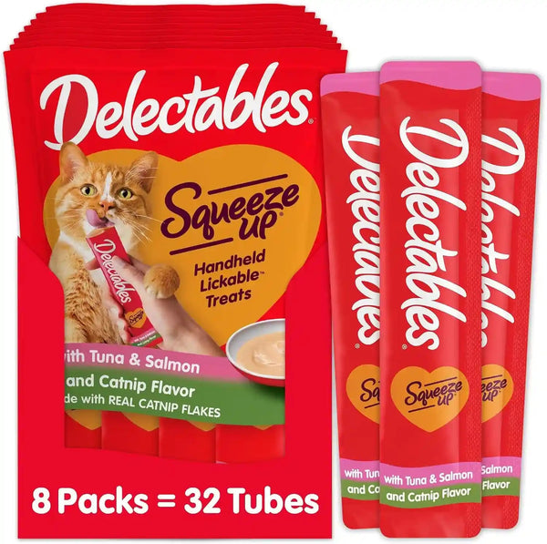 Delectables Squeeze up Creamy Squeezable Puree, Lickable Wet Cat Treats, Grain Free, No Added Fillers, No By-Products, No Added Preservatives, 0.5 Ounces Tube Tuna & Salmon with Catnip, 32 Tubes Total1