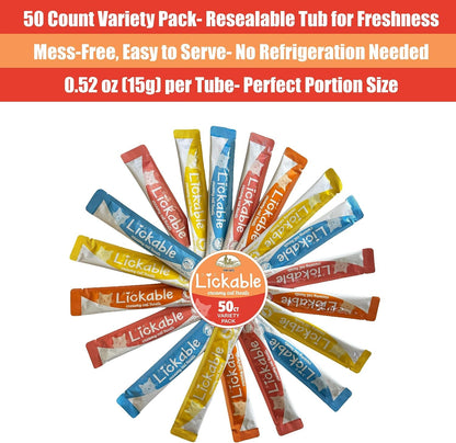 Fieldcrest Farms Lickable Cat Treats, 50 Count Variety Pack | Chicken, Tuna, Duck, Salmon, Thick & Protein-Rich Squeeze Tubes, with Taurine, Grain Free, 6 Calories per Tube5