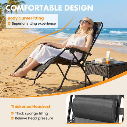 Zero Gravity Chairs Set of 2, Lounge Chair Folding Portable Adjustable Camping Reclining Chairs with Adjustable Pollow, Mesh Back, Cup Holder Trays Lawn Patio Chair for Pool Beach | Portable Lawn Camping Recliner with Adjustable Pillow, Mesh Back, Cup Hol4