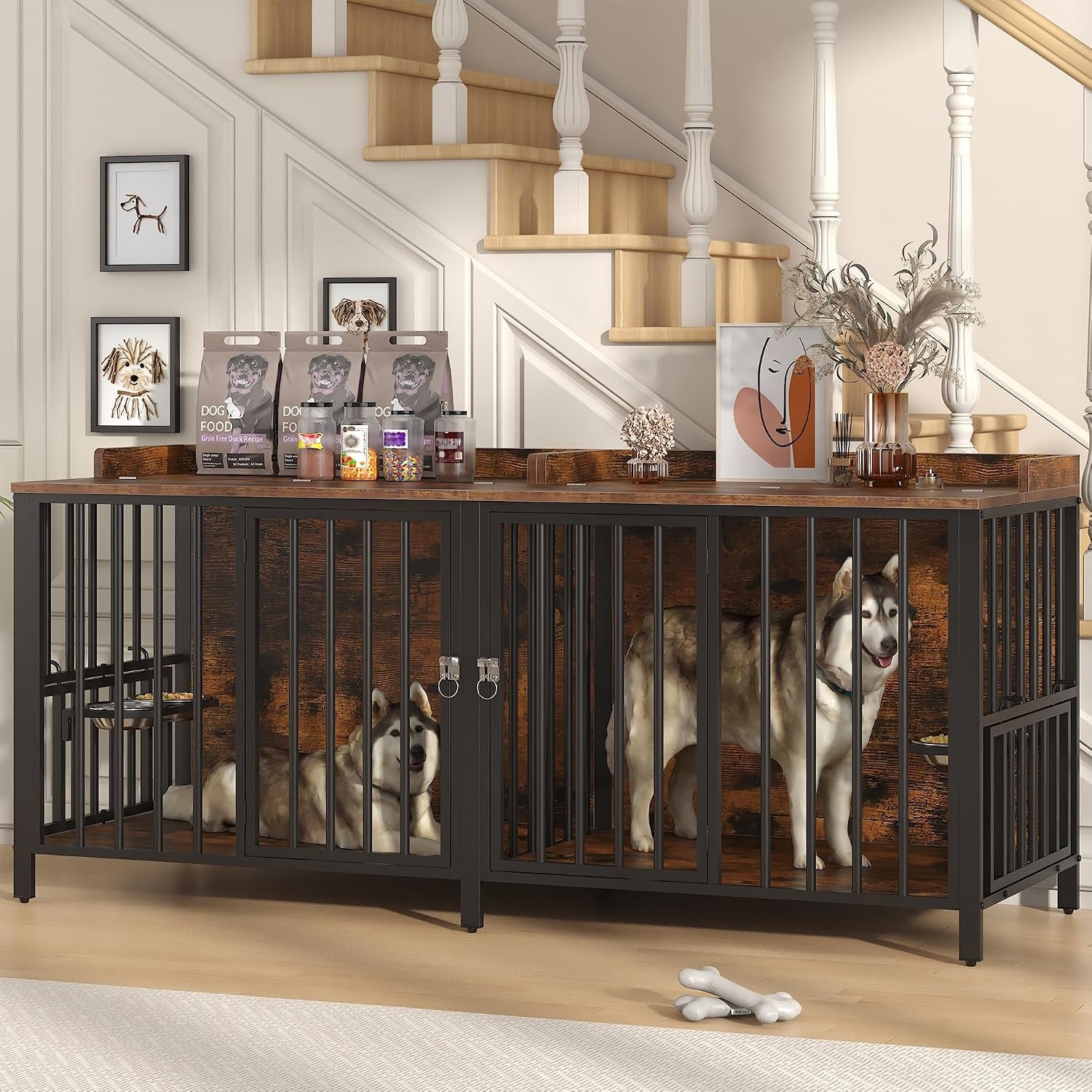 boinn-63-heavy-duty-dog-crate-furniture-with-4-doors-removable-divider-openable-top-indoor-dog-kennel-with-raised-edge-tabletop-double-dog-cage-for-medium-large-dogs-decorative-pet-crate