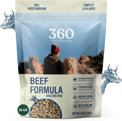 360 Pet Nutrition Freeze-Dried Raw Dog Food – Beef Recipe with Liver & Organs, High Protein with Omega-3S, Fruits, Veggies & Superfoods, Grain-Free, No Fillers, 1 Lb – Made in USA1