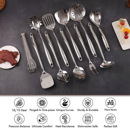 18/10 Stainless Steel Kitchen Utensils Set with Holder for Countertop | 15″ Spatula Spoon Set with Storage Organizer, 12-Pieces, Fork, Tongs, Spatula, Ladle, Skimmer, Turner, Spaghetti, Large Spoon3