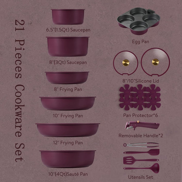 21Pcs Pots and Pans Set Non Stick, Detachable Handle Cookware Sets | Ultra Nonstick, Space Saving, Dishwasher & Oven Safe, Non-Toxic Kitchen/Apartment/Camping/Rv/ Traveling, Purple2