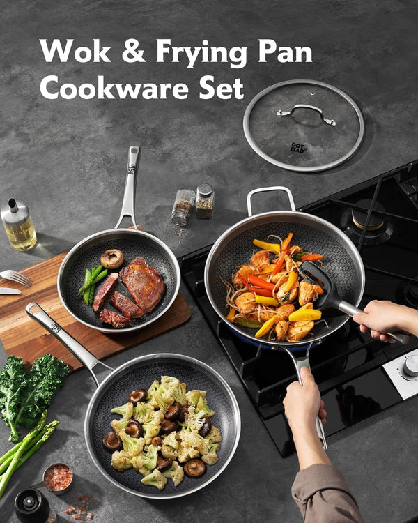 3-Piece Hybrid Stainless Steel Cookware Set-12 Inch Wok with Lid,10 Inch Frying Pan,12 Inch Skillet with Lid-Non Stick,Pfoa Free,Dishwasher&Oven Safe,Induction Compatible,Cookware Set.2