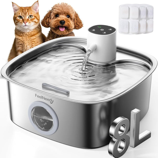 Cordless Wider Tray Dog Water Fountain, 5000Mah Battery Operated Dog Water Bowl Dispenser with 3 Motion Sensor, FEELNEEDY Stainless Steel Pet Water Fountain for Multi-Pets, Easy Setup & Clean, 8L1