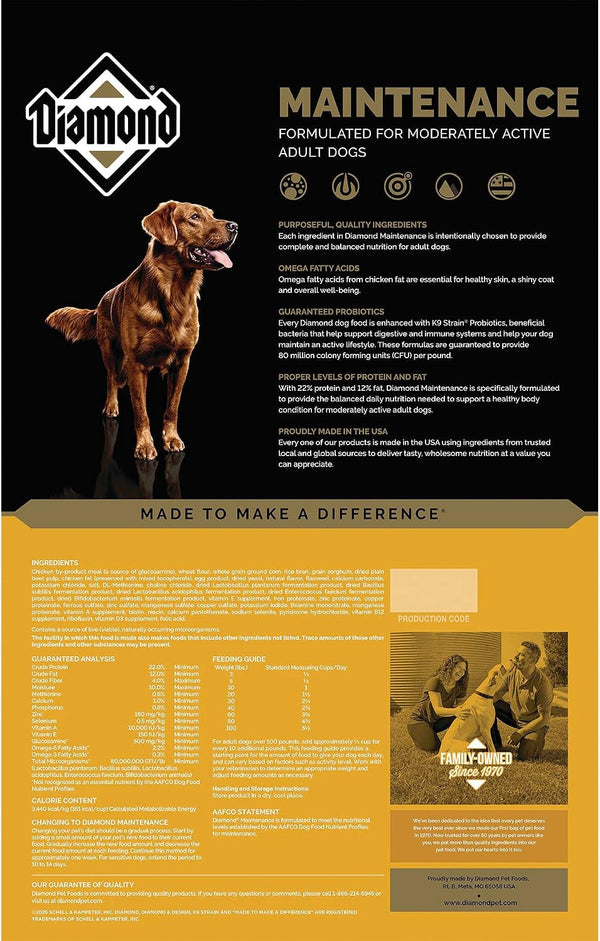 Diamond Maintenance Adult Dry Dog Food, Chicken Protein, 40Lb | for Moderately Active Dogs | Omega Fatty Acids Help Support Healthy Skin & Shiny Coat | Guaranteed Probiotics2