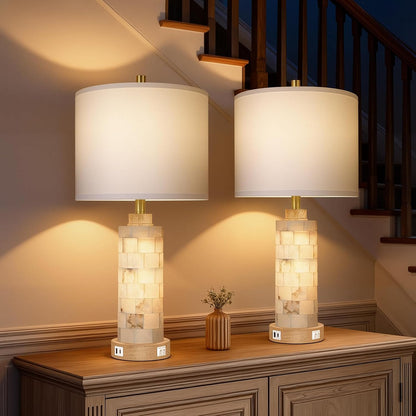 27" Alabaster and Wood Table Lamps Set of 2 with Night Light | Nightstand Lamps with USB Ports, White Linen Fabric Shade, Bedside Lamp for Living Room Bedroom Home Office Hotel Bar House5