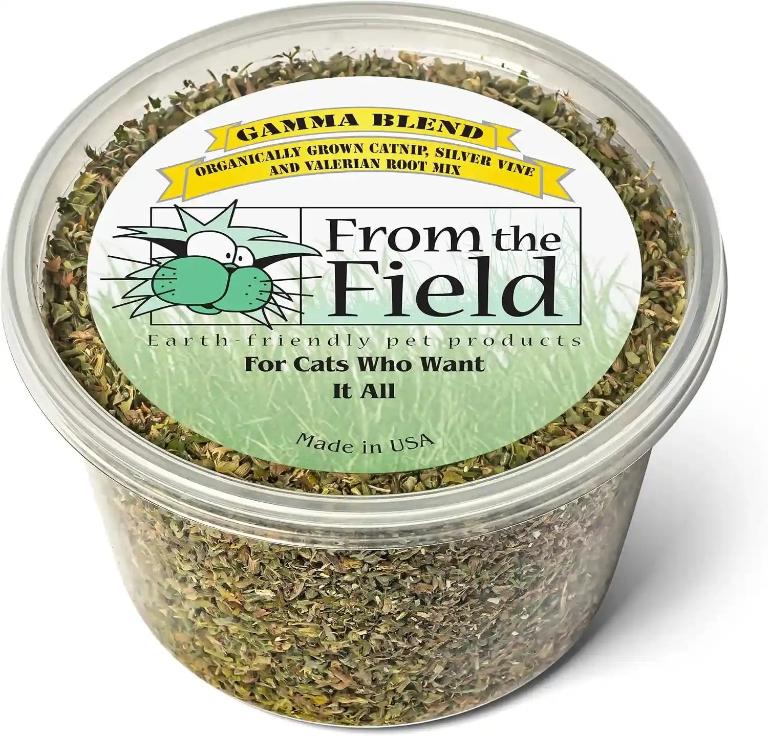 from-the-field-gamma-blend-catnip-leaf-and-flower-silver-vine-valerian-root-mix-fresh-usa-grown-organic-catnip-for-cats-potent-resealable-tub-2-oz