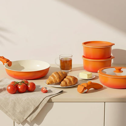 11Pcs Pots and Pans Set Non Stick, Nonstick Cookware Set Detachable Handle, Ceramic Pots for Cooking Non Stick with Removable Handle, RV Cookware Set for All Stoves, Orange Gradient9