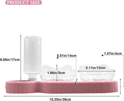 Triple Cat Bowls,15°Tilt 3-In-1 Water Feeder Bowls Cat Double Food Bowls with Automatic Water Bottle Bowl, Whisker Friendly Wet and Dry Cat Elevated Feeding Dishes for Small Cat and Puppy (Pink)5