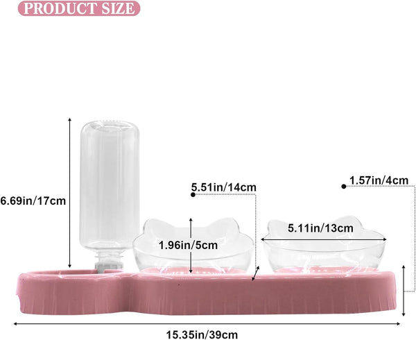 Triple Cat Bowls,15°Tilt 3-In-1 Water Feeder Bowls Cat Double Food Bowls with Automatic Water Bottle Bowl, Whisker Friendly Wet and Dry Cat Elevated Feeding Dishes for Small Cat and Puppy (Pink)5
