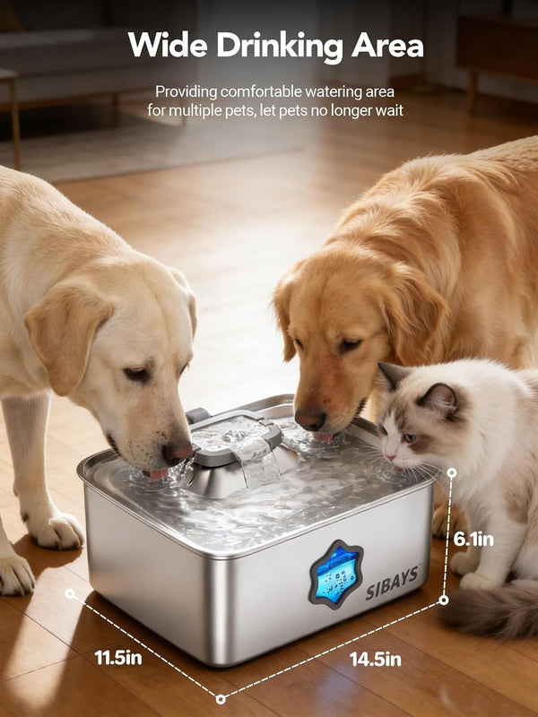 SIBAYS 4Gal/15L Dog Water Fountain, Stainless Steel Pet Water Fountain with Water Level Window & LED Light, Quiet Automatic Dog Water Bowl Dispenser for Large Dogs & Multi-Pet, Easy to Clean FS817