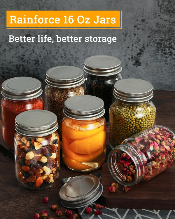 16 Oz Mason Jars with Silver Lids 15 Pack Pint Glass Canning Jars | Regular Mouth Clear Glass Jars Bulk for Meal Prep, Overnight Oats, Dry Food, DIY Crafts.Food Storag with 20 Labels and 1 Pen2
