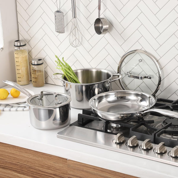 Cooking Pots Including Glass Lids, Frying Pan, Set of 3 Pots/Pan, Ø16Cm, Ø20Cm, Ø26Cm, Dishwasher-Safe, Pots for Induction, Fully Lined 3-Ply Stainless Steel4