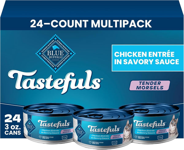 Blue Buffalo Tastefuls Tender Morsels Chicken Entrée Adult Wet Cat Food in Savory Sauce, Natural Ingredients Enhanced with Vitamins, Minerals & Other Nutrients, 3-Oz. Cans (24 Count)1