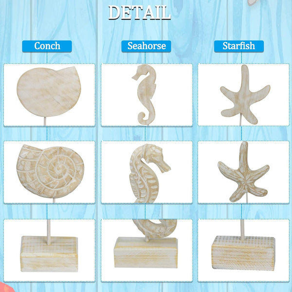 3Pcs Wood Starfish/Conch/Seahorse Statue Beach Ocean Coastal Decor | Nautical Style Figurines for Beach or Home, Tabletop Decor, Home Decor, Handmade Ornament3