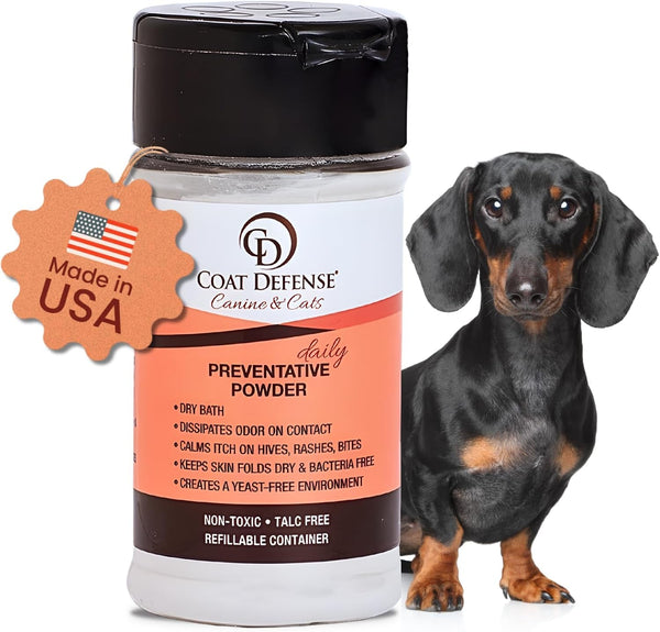 COAT DEFENSE Daily Preventative Powder | Made in USA | 3.5Oz Waterless Dog Shampoo & Pet Deodorizer for Smelly Dogs | Provides anti Itch Relief | Dog Dry Shampoo for Dry Itchy Skin1
