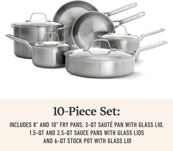 Calphalon Brushed 3-Ply Stainless Steel Cookware Set W/Turbo Heat Tech 10-Piece Set Includes Frying Pans, Pots and Pans Set, Induction, Oven Safe 450F, Brushed Stainless Silver5