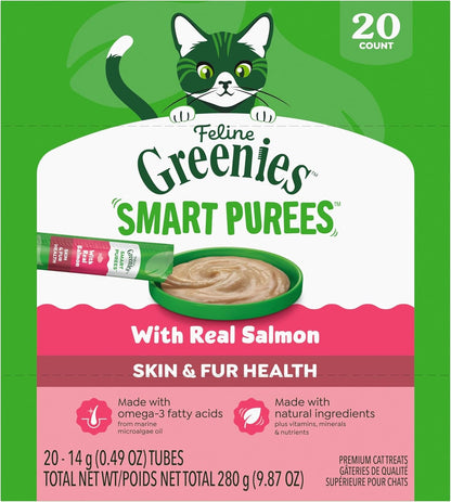 Greenies Feline Smart Purees Skin & Fur Health Lickable Cat Treats with Real Salmon, 0.49 Oz. Tubes, 20 Count | Grain-Free, Omega-3 from Marine Microalgae Oil, Real Salmon Protein, No Carrageenan, Moisture-Rich, Nutritionally Complete1