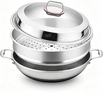 Tri-Ply Stainless Steel Wok Pan with Lid and Steamer Basket,Hybrid Woks & Stir-Fry Pans Nonstick with Double Handles,Induction Large Saute Pan Deep Frying Pan,17.3Inch Wok with Steamer1