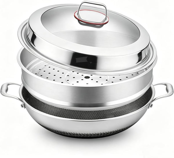 Tri-Ply Stainless Steel Wok Pan with Lid and Steamer Basket,Hybrid Woks & Stir-Fry Pans Nonstick with Double Handles,Induction Large Saute Pan Deep Frying Pan,17.3Inch Wok with Steamer1