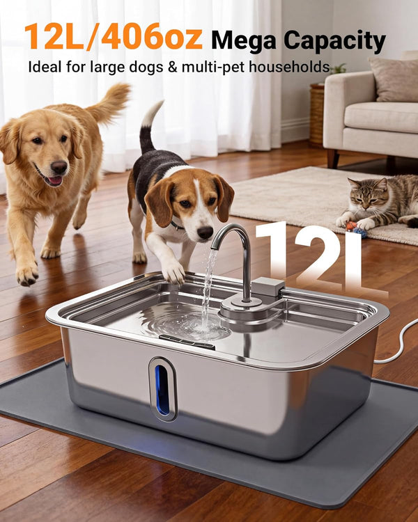 12L/3.17Gal Dog Water Fountain with Silicone Mat & 3 Filters, Stainless Steel Multi Pet Water Dispenser, Quiet Automatic Dog Water Bowl Dispenser with Visible Window & Alert Light for Large Dogs Cats3