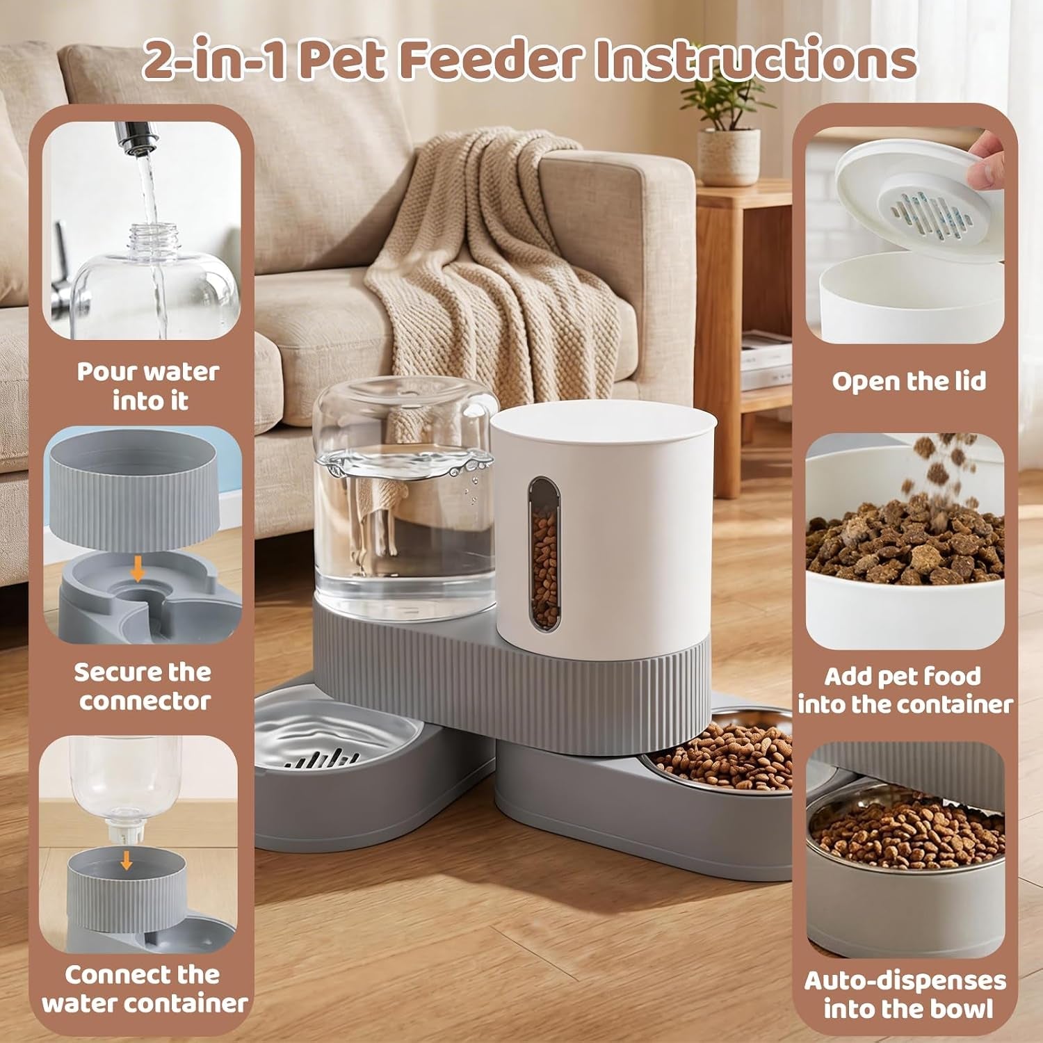 gravity-cat-feeder-2-pack-automatic-food-feeder-and-water-dispenser-set-detachable-pet-bowl-with-silicone-mat-for-cats-small-medium-dogs-large-capacitygrey