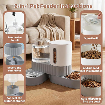 Gravity Cat Feeder 2 Pack Automatic Food Feeder and Water Dispenser Set Detachable Pet Bowl with Silicone Mat for Cats Small Medium Dogs, Large Capacity(Grey)3