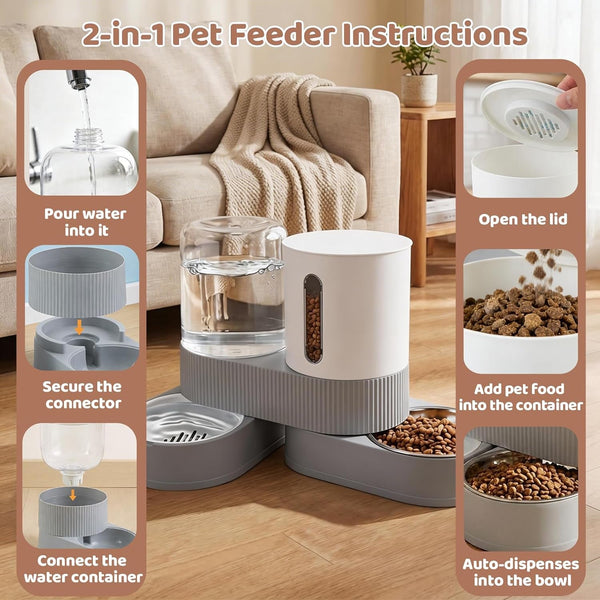 Gravity Cat Feeder 2 Pack Automatic Food Feeder and Water Dispenser Set Detachable Pet Bowl with Silicone Mat for Cats Small Medium Dogs, Large Capacity(Grey)3