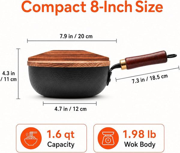 8-Inch Carbon Steel Wok with Lid, Flat Bottom, Gas and Induction | Hammered Carbon Steel, 1.6 Qt Capacity, Removable Beechwood Handle, Uncoated, for Noodles, Eggs, Sauces and 1-2 Servings2