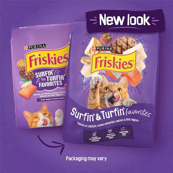 Purina Friskies Cat Food Surfin and Turfin Favorites Flavors of Chicken, Whitefish, Salmon and Filet Mignon - (Pack of 4) 3.15 Lb. Bags2