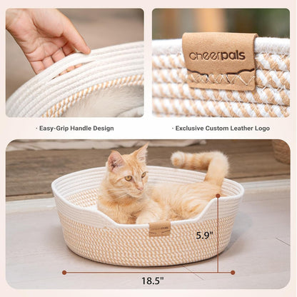 CHEERHOME PETS Cat Bed Basket with Cushion, Cotton Rope Woven Pet Bed for Indoor Cats Couch, Stimulicat Cat Bed Handwoven Breathable, All Season Universal (White)5