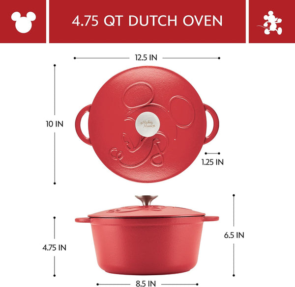 Disney Bon Voyage Pre-Seasoned Cast Iron Dutch Oven/Casserole Pan with Lid, Suitable for All Stovetops, Including Induction, 4.75 Quart - Red3
