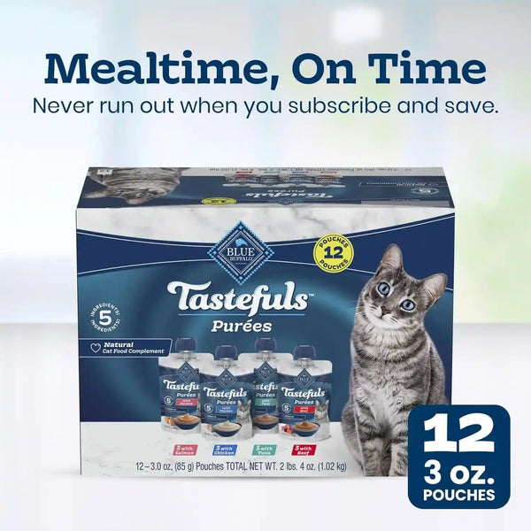 Blue Buffalo Tastefuls Purées Variety Pack Wet Cat Food Complement (Salmon, Chicken, Tuna, Beef) Made with Natural Ingredients, for All Life Stages, 3-Oz. Resealable Pouches (12 Count)10