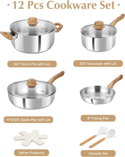 Stainless Steel Pots and Pans Set, Professional 18/10 Cookware Set Pots and Pans Set 12PCS with Cool-Touch Bakelite Handles, Tri-Ply Base Kitchen Cookware Sets, Induction Compatible3