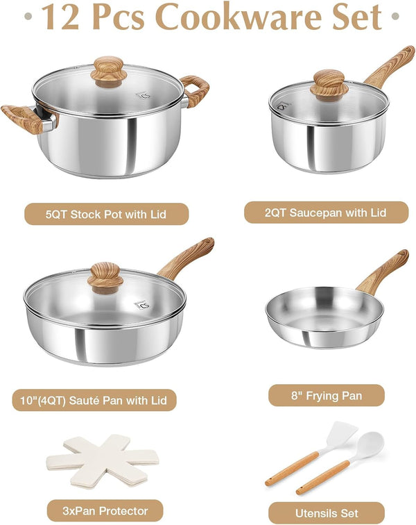 Stainless Steel Pots and Pans Set, Professional 18/10 Cookware Set Pots and Pans Set 12PCS with Cool-Touch Bakelite Handles, Tri-Ply Base Kitchen Cookware Sets, Induction Compatible3