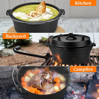 7QT Pre-Seasoned Dutch Oven Camping with Lid Lifter, 2-In-1 Pots | 2-IN-1 Cast Iron Camping Dutch Oven, Heat Conduction & Good Sealing & Heavy Duty7