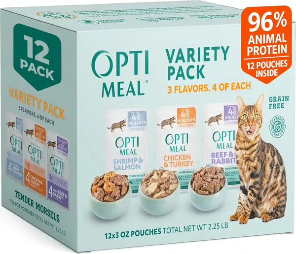Optimeal Wet Cat Food Variety Pack - Grain Free Tender Morsels, High Protein Premium Nutrition Made with Natural European Ingredients in Savory Gravy, Adult Cat Food Wet Pouches 3Oz Pouch (Pack of 12)1