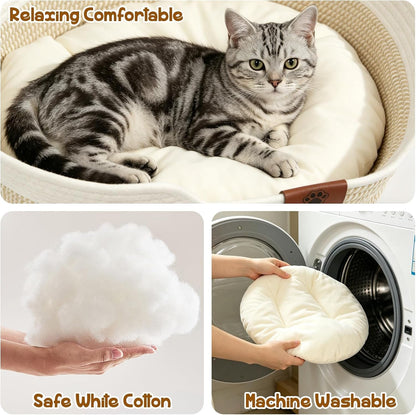 XPIY Stimulicat Handwoven Cat Basket with Fish Toy, Instinct Kitten Bed | Made of Natural Cotton Rope with a Washable Cushion. Breathable, Scratch-Resistant Pet Nest for Year-Round Comfort5