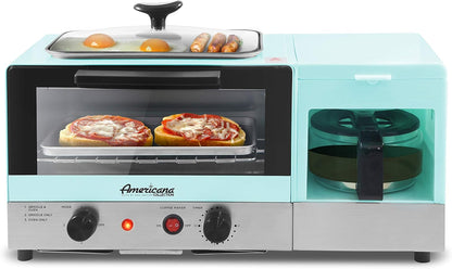 Americana Breakfast Center, Griddle & Toaster Oven, Blue | 2-Slice W/15-Min Timer & Heat Selector Mode, plus 9.5" Griddle W/Glass Lid & 4-Cup Coffeemaker1